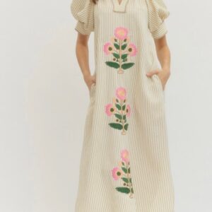 PETALS ON PINSTRIPES DRESS